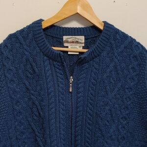 Aran Craft Ireland 100% Merino Cable Wool Royal Blue Sleeveless Vest Zip Sweater